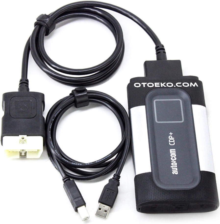 Autocom CDP+ Bluetooth arıza tespit cihazı, 16 pin OBD2 kablosu ve USB bağlantı seti.